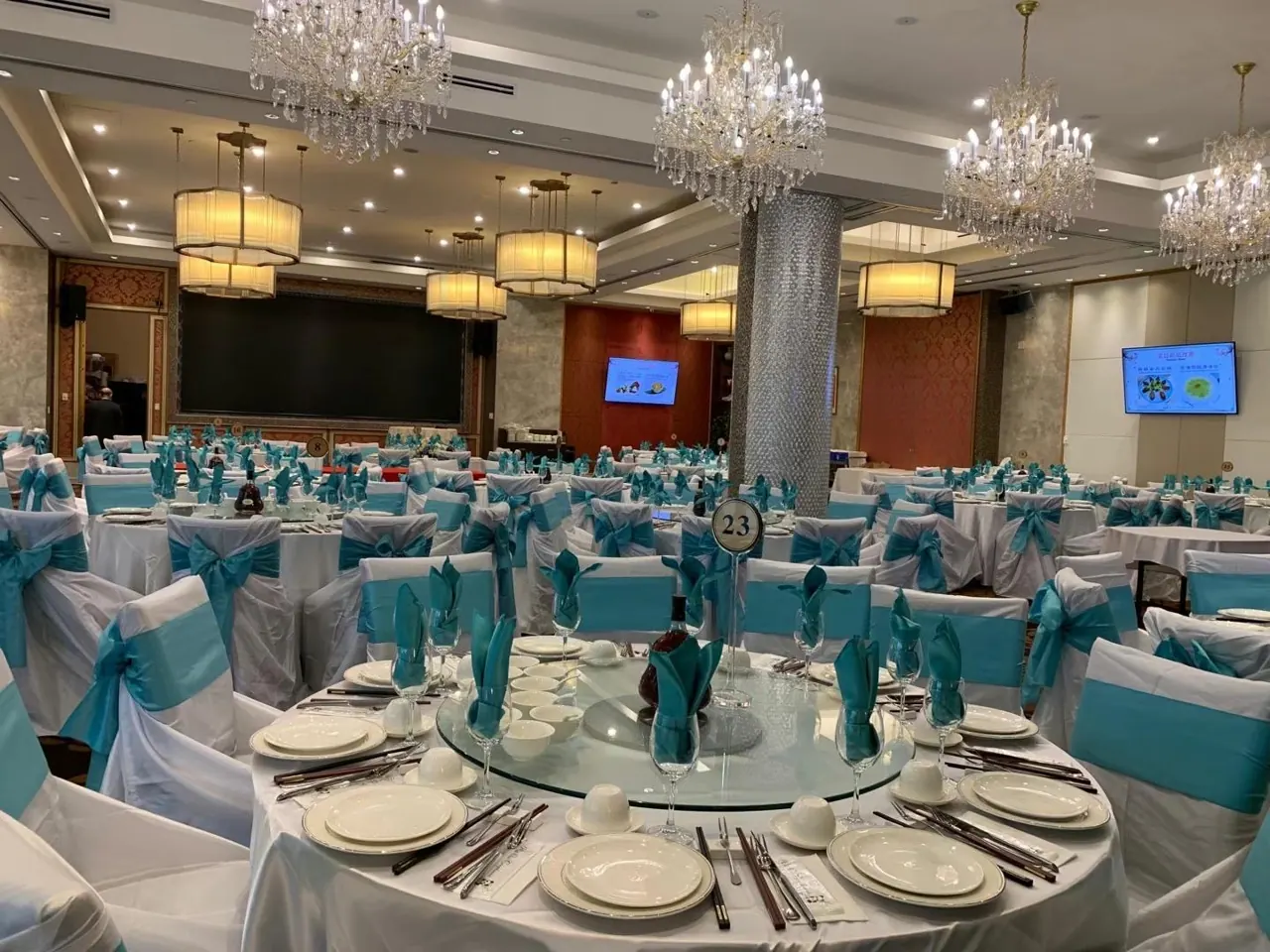 Banquet hall set for a wedding reception